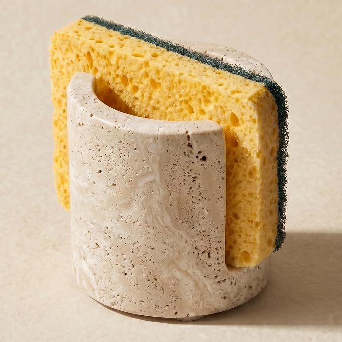 Natural Travertine Sponge Holder for Kitchen Sink - Luxury Stone Sponge Caddy, Quick-Drying Modern Minimalist Marble Kitchen Countertop Organizer - Housewarming Gift, Home Decor, Beige