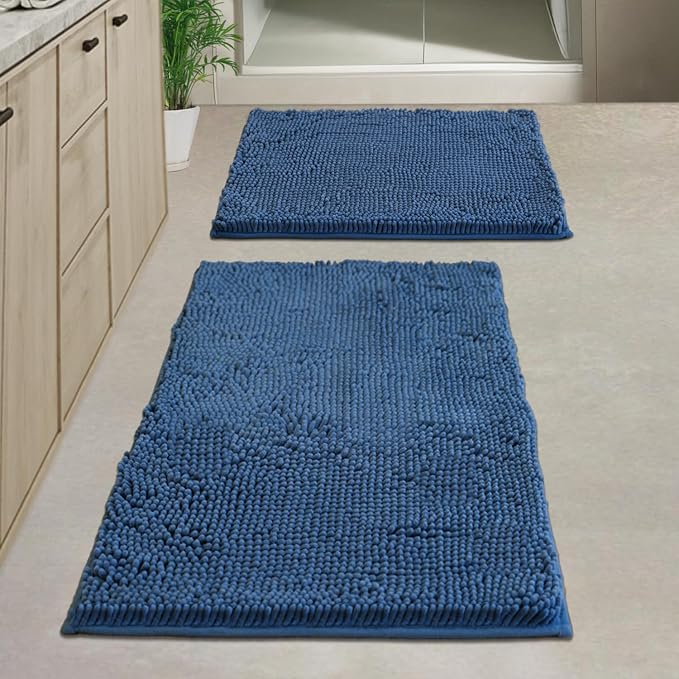 Bathroom Rugs Sets 2 Piece Chenille Bathroom Rugs,Extra Thick and Absorbent,Strong PVC Non-Slip Underside, Machine Washable, Dry Quckily, Soft Cozy Plush for Toilet,Bedroom (Deep Blue)