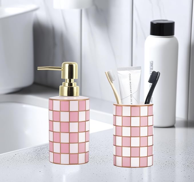 Bathroom Toothbrush Holder Set, Ceramic Checkered Soap Dispenser and Tooth Brush Holder Set, Modern Bathroom Accessories Sets Countertop, Black and White Checkered Bathroom Decor Set (Pink)