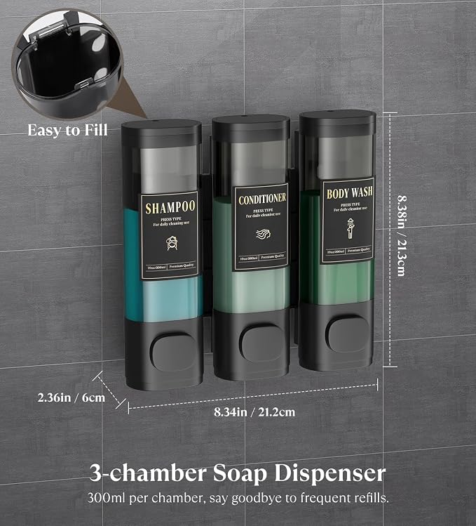 Luxspire Shampoo and Conditioner Dispenser, Shower Soap Dispenser 3-Chamber | Lockable Large Capacity 900ml No-Drill Wall-Mounted Shampoo and Body Wash Dispenser for Bathroom Hotel Kitchen Airbnb