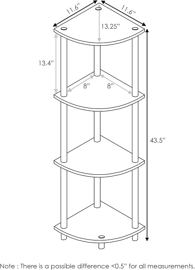 Furinno TURN-N-TUBE Corner Shelf, 4-Tier Corner Bookshelf, Display Storage Shelves with Open Shelves, for Organization and Storage, Living Room, Home Office, Garage, French Oak