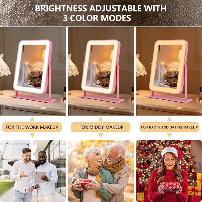 YEKKOPT Portable Desk Vanity Mirror with Lights,11"×9" Small Pink Rechargeable Makeup Mirror with Lights,Smart Touch Screen with 3-Color Lighting,Dimmable,for Dorm Tabletop,Bedroom,Decor