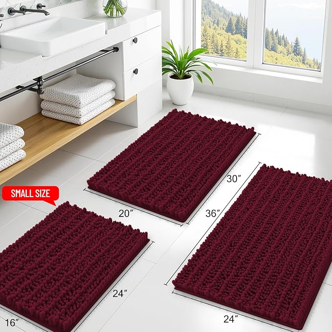 Smiry Bathroom Rugs 30X20, Extra Soft Rubber Backing Chenille Bath Mats | Burgundy Machine Washable Non Slip Quick Dry Bath Mats for Bathroom Floor, Tub, Shower, Home Decor Accessories