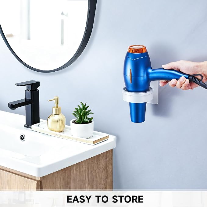 Hair Dryer Holder Wall Mounted, Blow Dryer Holder, Hair Tool Organizer for Hair Dryer Storage Hanger, Adhesive Hairdryer Holder for Bathroom Barber Shop (White)