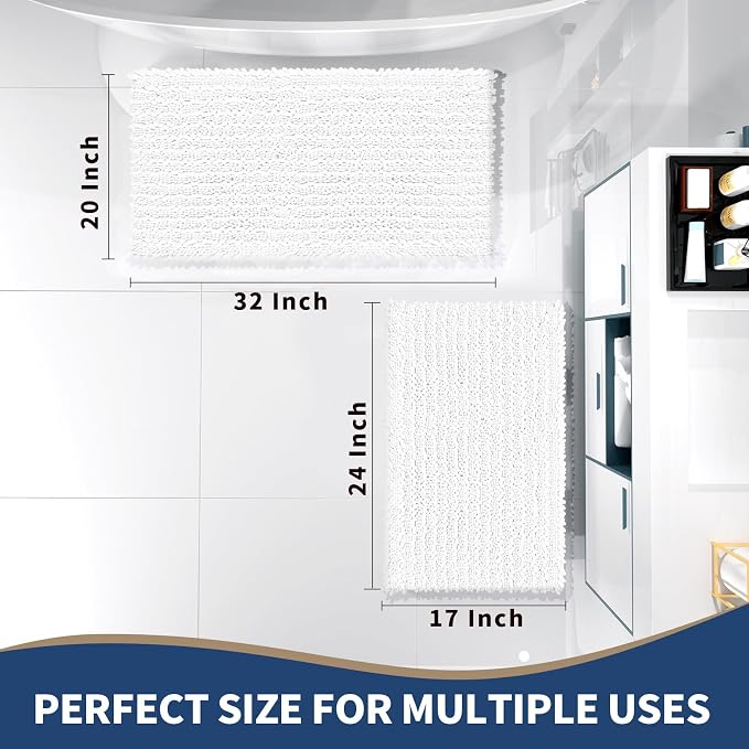 Yimobra Bathroom Rugs Sets 2 Piece - Quick Dry Extra Thick Luxury Chenille Bath Mat, Non Slip Super Absorbent for Tub Shower Sink, Machine Washable Shaggy Floor Mat, 32"x20"+24"x17" Inch, White