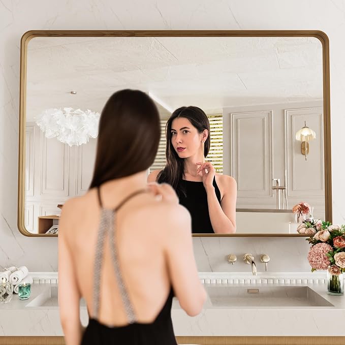 LOAAO 55X36 Inch Bathroom Mirror with Wood Grain Colored Metal Frame, Rounded Rectangle Metal Framed Bathroom Mirror, Anti-Rust, Hangs Horizontally or Vertically, Tempered Glass | Rounded Rectangle Metal Framed, Anti-Rust, Hangs Horizontally or Vertica...