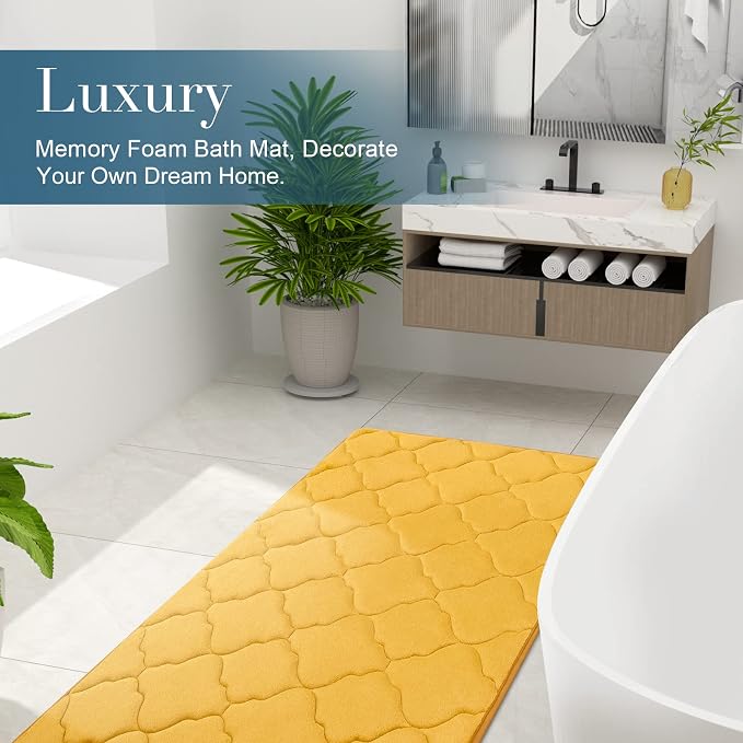 OLANLY Memory Foam Bath Mat Rug 70x24, Ultra Soft Bathroom Rugs, Yellow | Thick Absorbent Carpet, Non-Slip Backing, Machine Washable, for Bathroom Floor, Tub, Shower and Home Decor Accessories