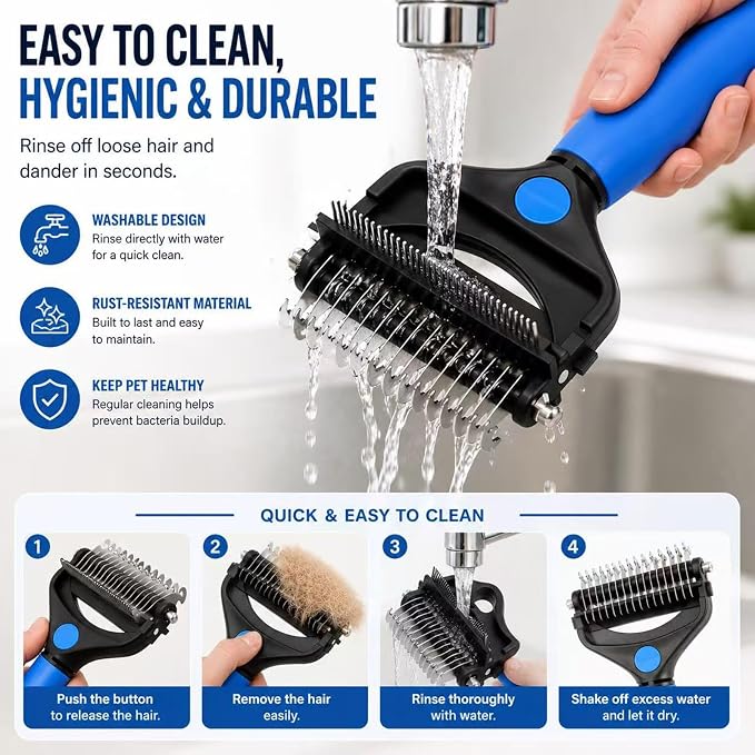 Deshedding Dog Brush，3-in-1 Undercoat Rake for Dogs，Pet Pro Grooming Tool – Ultimate Dematting Comb & Deshedding Brush for Cats and Dogs, Perfect for Shedding & Detangling (Blue)
