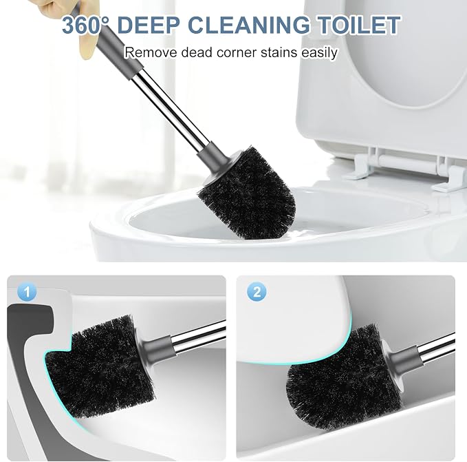 SetSail Toilet Brush and Holder 2 Pack, Self Closing Lid Toilet Bowl Brushes Holder and Extra Long Handle Ventilated Toilet Brush Set for Bathroom Cleaning, Nylon Bristles, Grey