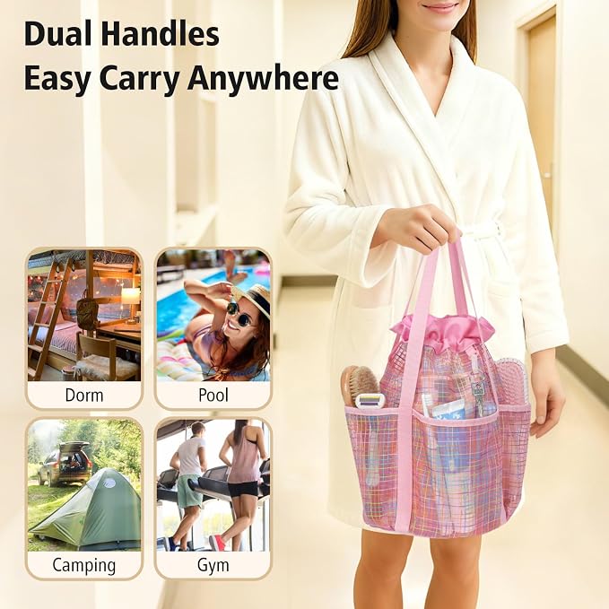 F-color Mesh Shower Caddy Portable with Drawstring - Tall 5 Pockets Dorm Room Essentials for Guys Girls with S Hook, Shower Bag Basket Tote for College Camping Travel Toiletry Bathroom, Pink Grid