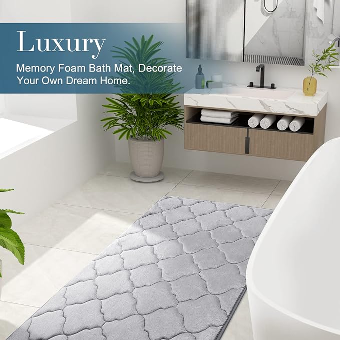 OLANLY Memory Foam Bath Mat Rug 47x17, Ultra Soft Bathroom Rugs, Grey | Thick Absorbent Carpet, Non-Slip Backing, Machine Washable, for Bathroom Floor, Tub, Shower and Home Decor Accessories