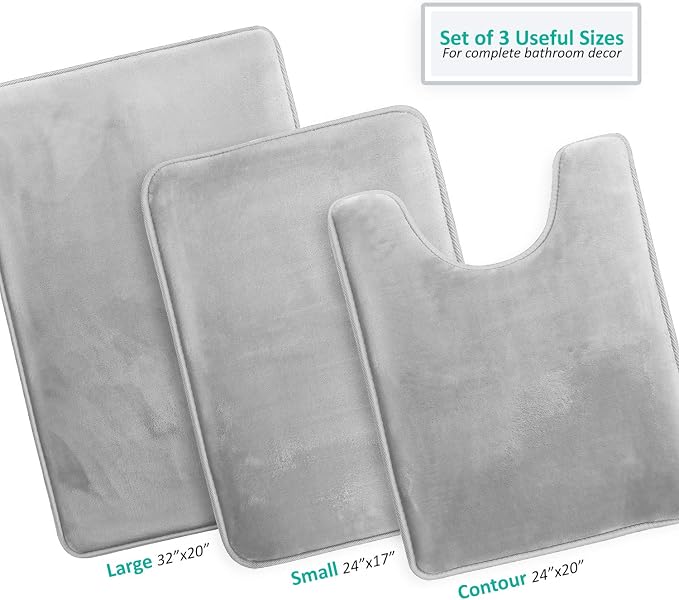 Clara Clark 3 Piece Bathroom Rugs Bath Mat Set, Velvet Memory Foam Bath Mats for Bathroom - Non-Slip, PVC Backing Bath Rugs, Washable - Dries Quickly, Silver