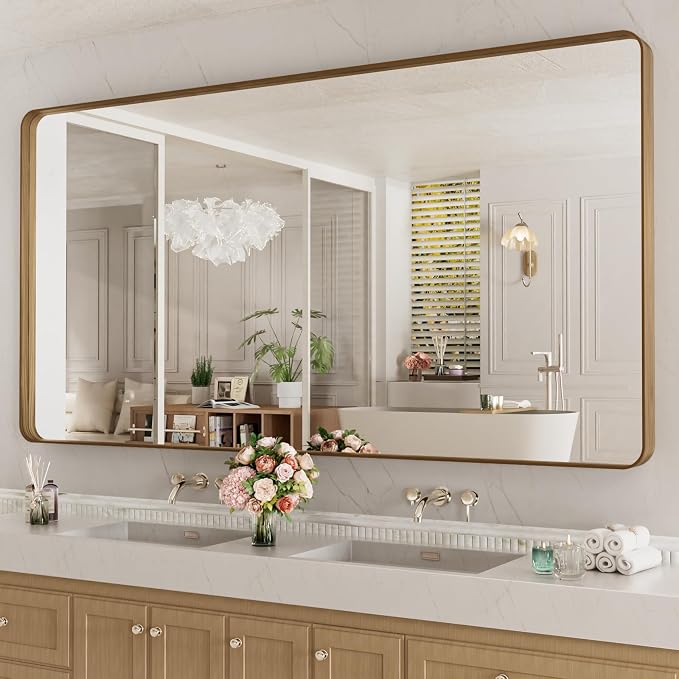LOAAO 72X32 Inch Bathroom Mirror with Wood Grain Colored Metal Frame | Rounded Rectangle Metal Framed, Anti-Rust, Hangs Horizontally or Vertically, Tempered Glass