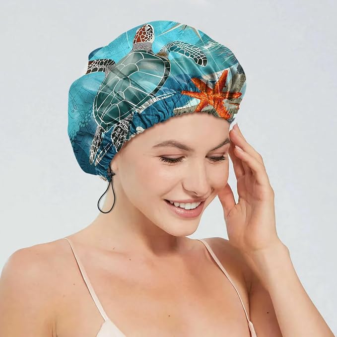 2 PCS Shower Cap Reusable Waterproof Double Layers Hair Caps Shower Bath Adjustable Elastic Hat for Women Girls Cute Aesthetic-Sea Turtle Frog