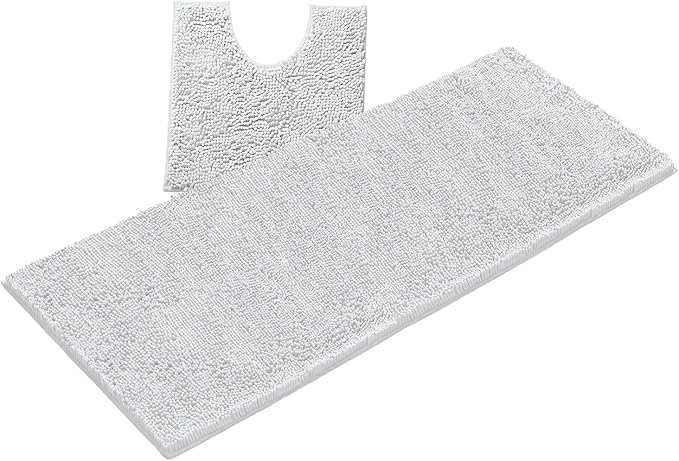 LuxUrux 2-Piece Bathroom Rug Set – Plush Chenille Runner & U-Shaped Toilet Mat, Soft, Absorbent & Non-Slip Design (20x20 U & 27x47 inches, White)