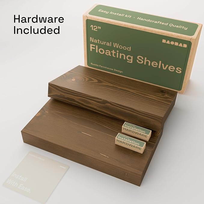 BAOBAB WORKSHOP Wood Floating Shelves for Wall 12 Inch Wide, Small Wooden Shelf Kitchen, Bathroom Shelves for Room Wall Mounted, Walnut Floating Shelves, 12W × 6.7D, Set of 2