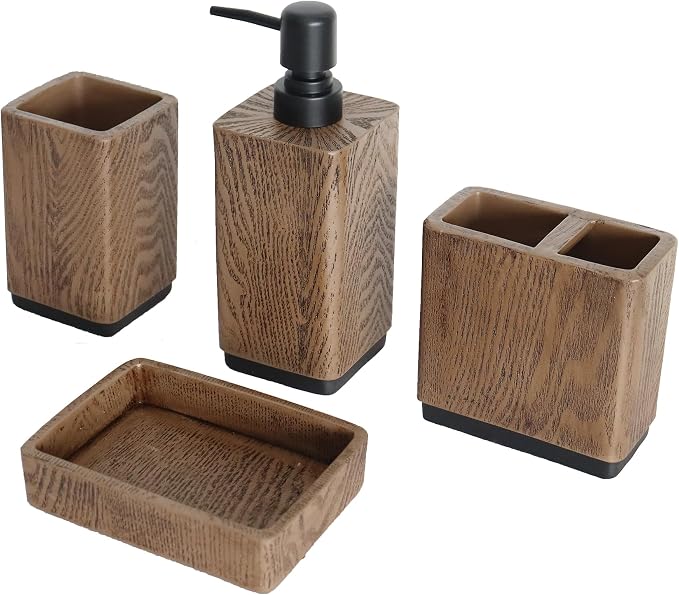 Hymmah Bathroom Accessories Set,Toothbrush Holder Set,4 Pcs Apartment Necessities (Wood Brown)