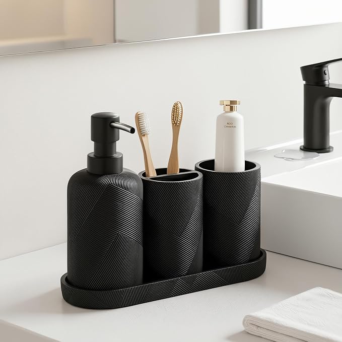 Bathroom Accessories Set, Bathroom Organizer Countertop, Matte Black, 4 PCS | Modern,Simple,Stripe, With 10OZ Soap Dispenser, Toothbrush Holder, Mouthwash Cup, Vanity Tray for Bathroom Home Hotel Office