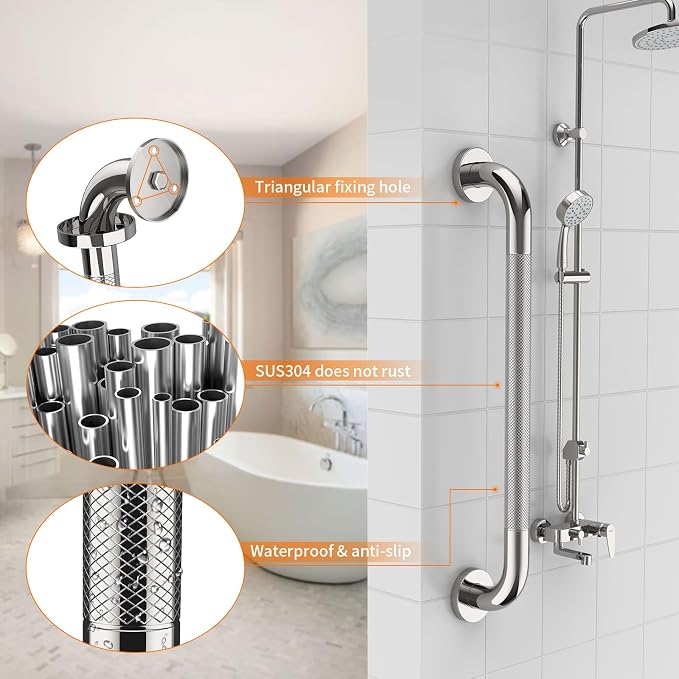 Anti Slip Grab Bar for Shower 32-Inch, YuanDe Chrome Stainless Steel Bath Safety Rail with Knurled Grip, Shower Handrail Support for Handicap & Elderly Balance Assist