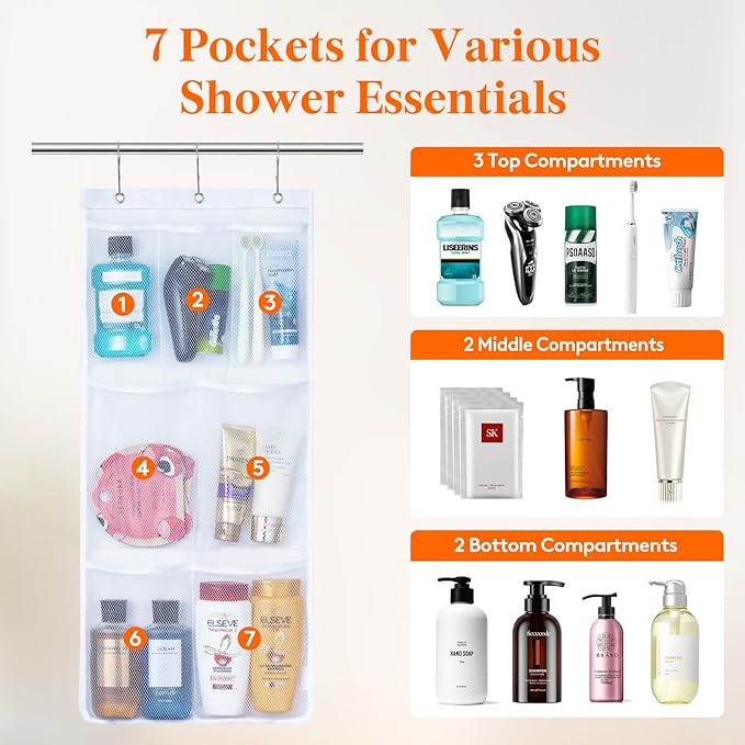 Lifewit Cruise Essentials Shower Caddy Must-Have, 7 Pockets Hanging Bathroom Organizer with Quick-Dry Mesh, Portable Shower Bag to Storage Soap, Shampoo, for RVing, Travel, Camping, White, 1 Pack | 14" x 30", Attached 3 Hooks, Quick-Dry, Portable, Crui...