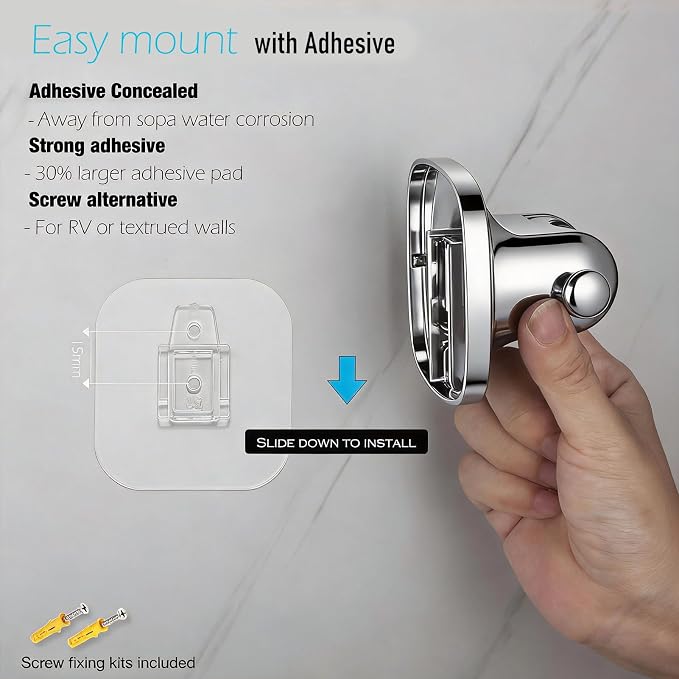 Wall Mount Handheld Shower Head Holder - 5 Angles Adjustable - Concealed Adhesive Mount - Screw Alternative - Bathroom Shower hose Holder (Polished Chrome)