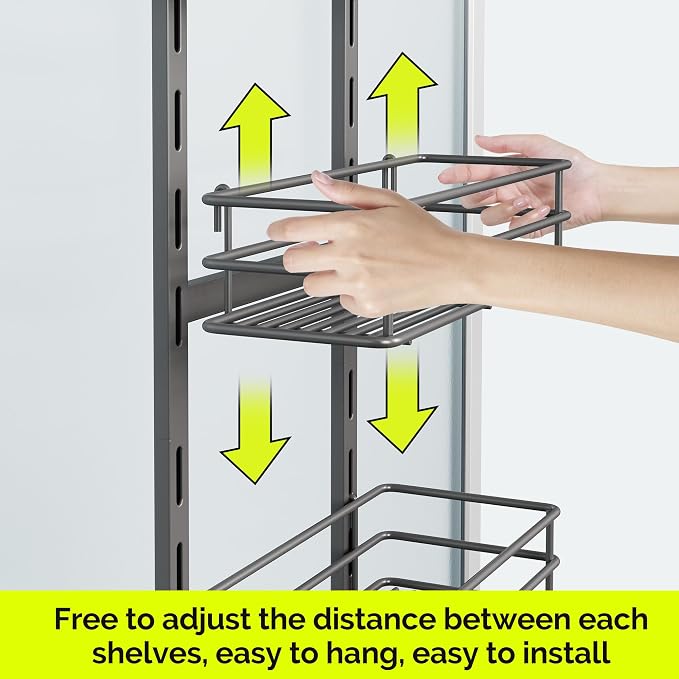 Orimade Over The Door Shower Caddy Adjustable 4 Tier Dark Grey,Bathroom Hanging Organizer Shelf Rustproof with 4 Hooks,Shower Basket with Soap Holder and Suction Cup