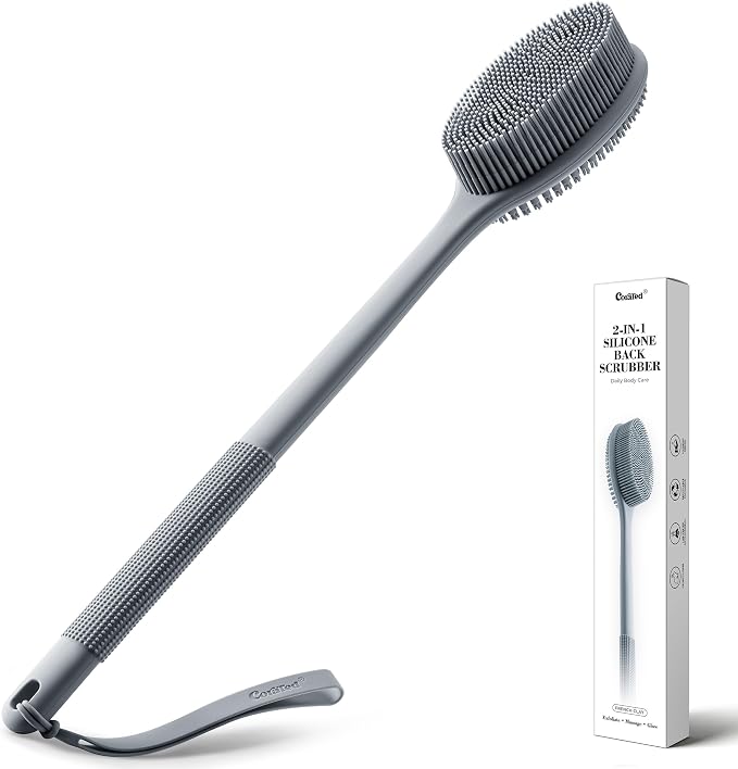 CORATED Silicone Back Scrubber for Shower, 2‑in‑1 Body Brush with Handle | Exfoliating Body Scrubber for Women & Men Daily Use, Loofah Alternative Bath Accessories
