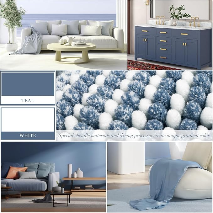 Bathroom Rugs Sets 2 Piece, Non Slip Striped Bath Mats, Fog Blue | 24"x70" Plus 20"x32", Soft Absorbent Chenille, Quick Dry Machine Washable, Shower Rug for Bathroom Floor, Tub, Bedroom Decor