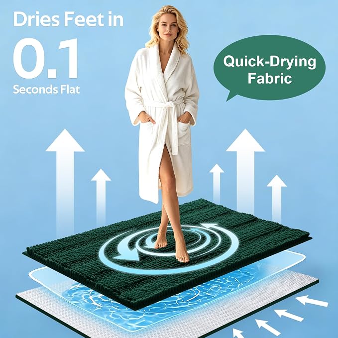 Christmas Striped Deep Green Bathroom Rug Mat Set 2 piece 32"x20"+24"x17" Ultra Soft, Non Slip Chenille Bath Rugs, Absorbent Plush Shaggy Bath Mats for Bathroom, Bedroom, Kitchen, Shower, Tub