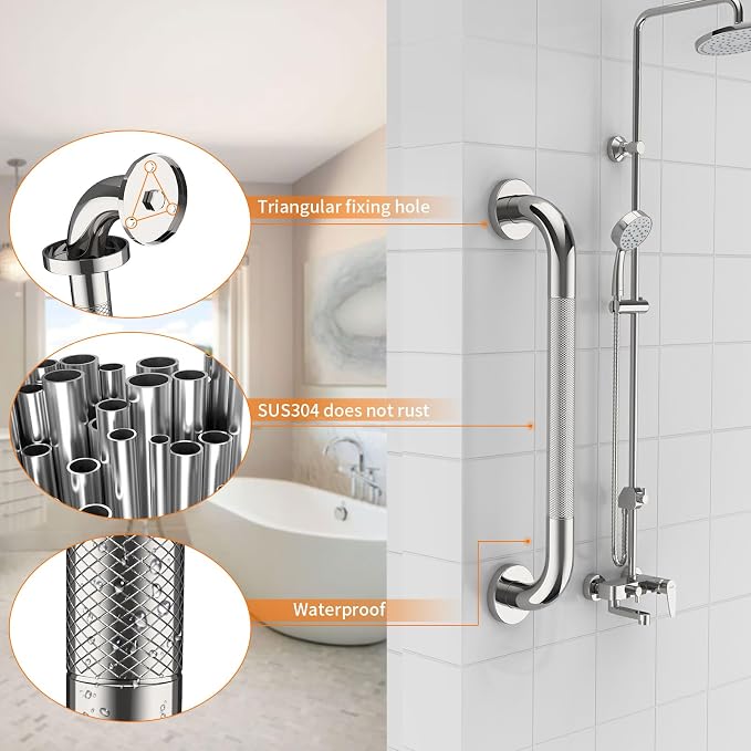 Anti Slip Shower Grab Bar 20 Inch, YuanDe Chrome Stainless Steel Bath Grab Bar, Knurled Bathroom Safety Rail, Shower Handrail Support, Handicap Elderly Balance Assist Handles-1.25" Diameter