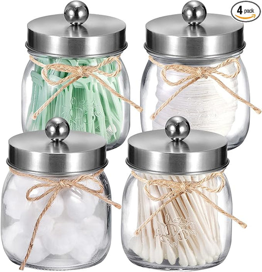 SheeChung 4 Pack Apothecary Jars with Lids, Bathroom Organizers and Storage, Qtip Holders Set, Bathroom Decor, Small Mason Jars for Q-tips, Cottons, Floss, Balls, Cotton Swabs-Brushed Nickel