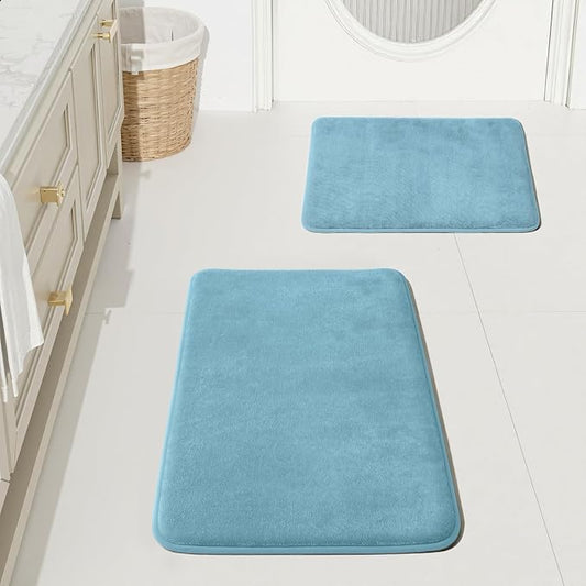 Bathroom Rugs Sets 2 Piece, Non-Slip & Quick Dry Bath Mat Set, Ultra Soft Velvet Bath Rugs for Bathroom, Toilet and Shower Floor, Lake Blue