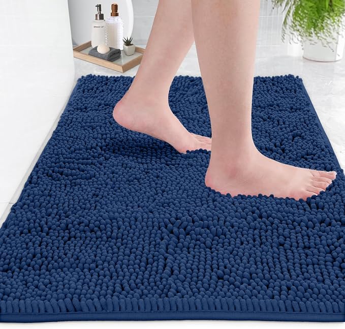 LuxUrux 3-Piece Bathroom Rug Set – Plush Chenille Bath Mats & U-Shaped Toilet Mat, Ultra-Soft, Absorbent & Non-Slip (20x20 U, 16x24 & 20x30 inches, Blue)