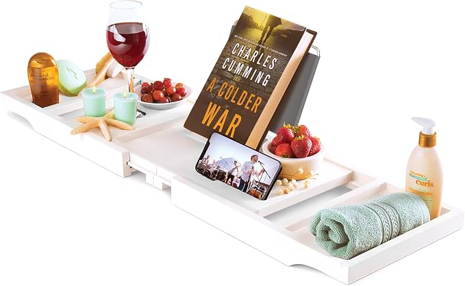 White Bathtub Tray for Tub - Bamboo Bath Tray, Expandable Wooden Bath Caddy Tray with Wine Holder, Book and Tablet Stand, Bathroom Accessories, Tub Table, Bridal Shower Gifts for Women