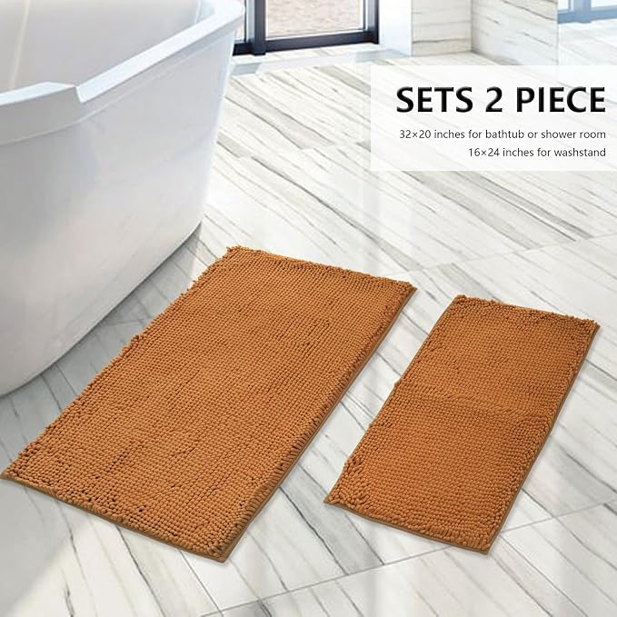 BOANKODU Bathroom Rugs Sets 2 Piece, Extra Soft Chenille Bath Mat Absorbent Bathroom Rug, Bathroom Mat with Sturdy PVC Non-Slip Bottom, Machine Washable Bath Rugs (Champagne)