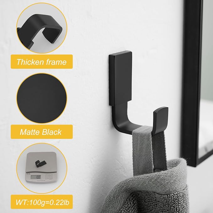 BESy Brass Clothes Hook Single Towel Hook for Bathroom Kitchen Garage Square Style Robe Hooks Coat and Hat Hook, Wall Mounted with Screws, Two Packs, Matte Black