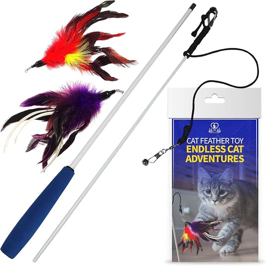 Pet Fit For Life Cat Feather Interactive Wand Toy Set, Red & Purple - 2pack | Interactive Cat Wand Toy for Indoor Pets with 2 Feather Attachments. Soft, durable Pet Fit For Life design for active play.