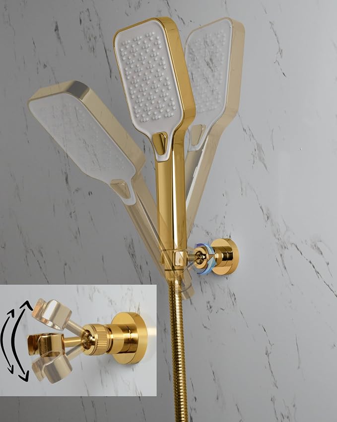 PHASAT Handheld Shower Head Holder Adjustable Solid Brass Handheld Shower Head Bracket Holder Wall Mount,Shower Wand Holder Gold,A13023G