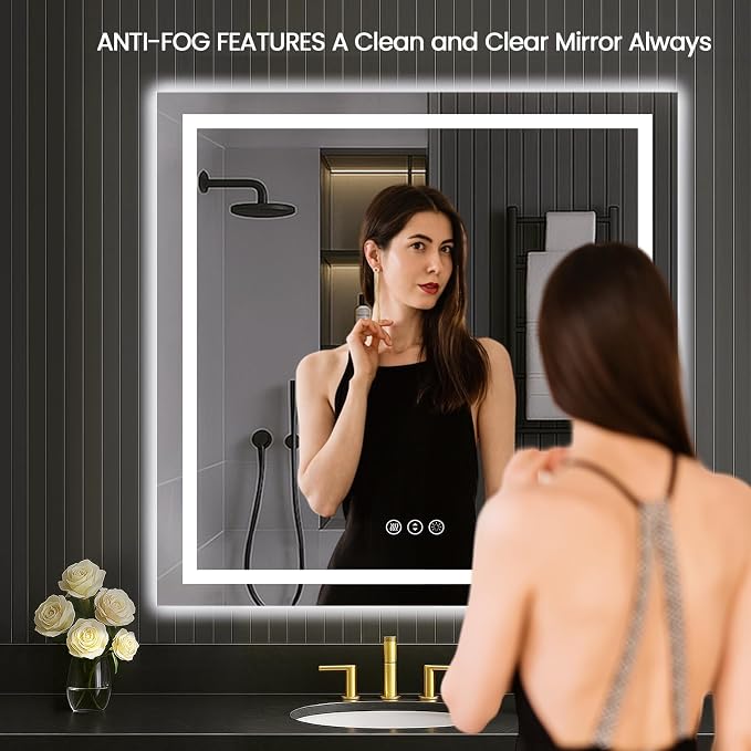 LOAAO 40"X40" LED Bathroom Mirror with Lights, UL Listed | Anti-Fog, Dimmable, 3 Color Temperature, Backlit + Front Lit, Memory Function, Tempered Glass