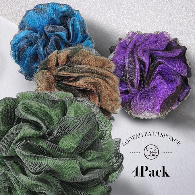 Bath Loofah Sponge for Shower Body Scrubber for Women Men 4Pc Mixed Colors | 10X Suds Save Body Wash Double Knotted Anti Tear Core Fast Dry Cotton Loop Stay Fresh Large Mesh for Sensitive Skin