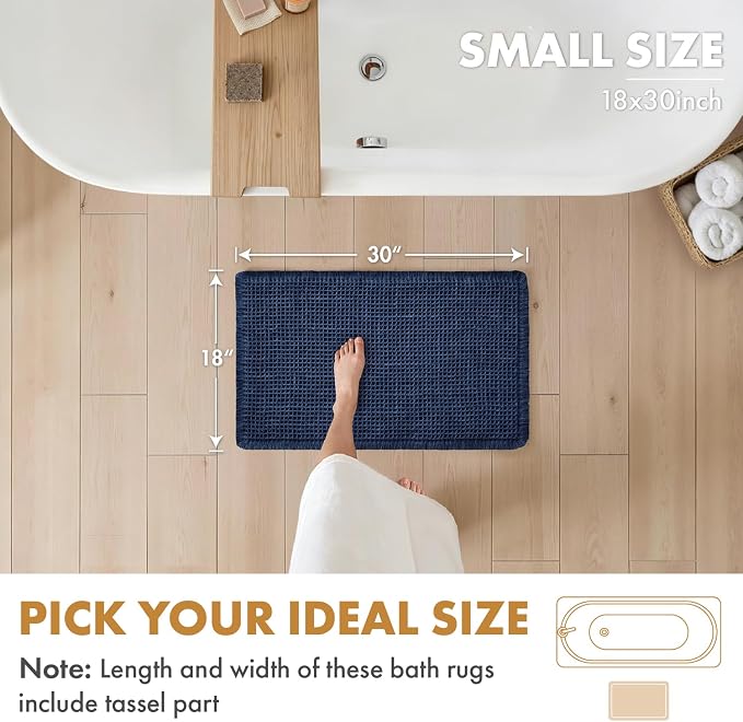 MIULEE Set of 2 Waffle Bathroom Rugs Boho Bath Mat Navy Blue 18x30 Inch | Non Slip, Super Absorbent, Washable, Ultra Soft, Rubber Backed Bath Rugs for Bathroom Floor Tub Shower
