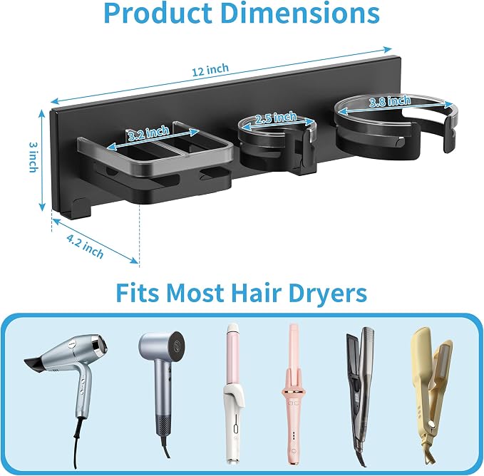 BOIVSHI Hair Dryer Holder Wall Mounted, Self-Adhesive or Drill Mount | Blow Dryer Holder, Straightener, Curling Iron and Hot Tools Organizer, Flat Iron Metal, for Bathroom, Salon, Vanity - Black