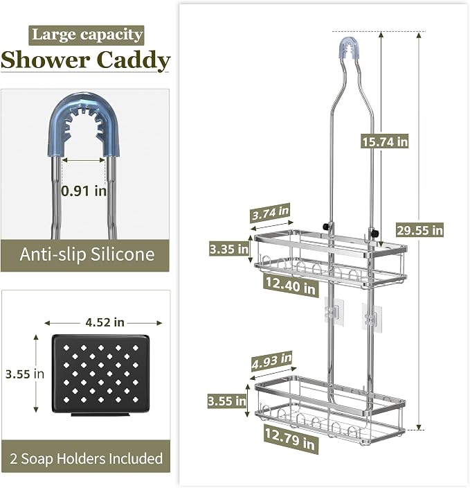 Skyapex Shower Caddy Hanging: Adjustable Height, Rustproof Shelves with Hooks, 2 Soap Holders - Silver Shower Organizer Over Showerhead