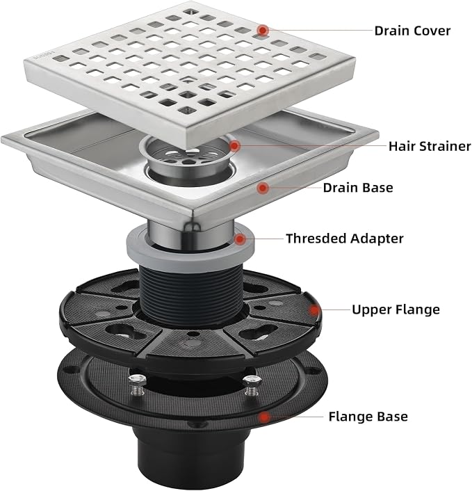 6 Inch Square Shower Drain with Removable Square Grille, Brushed 304 Stainless Steel, PVC Shower Drain Base, Includes Hair Strainer for Kitchen, Bathroom, Garage