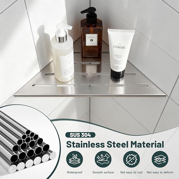 10" Corner Shower Shelf, 304 Stainless Steel Slot Design Bathroom Shower Shelf, Recessed Corner Shelves for Tiled Wall, Brushed Nickel, 2 Pack