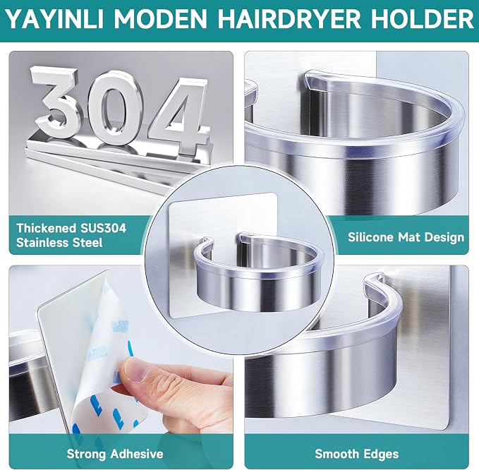 Hair Dryer Holder Wall Mount, Blow Dryer Holder Wall, Adhesive Hair Dryer Hanger, Blow Dryer Organizer, Hair Tools Organizer for Bathroom Salon Barber Shop Hotel (Silver)