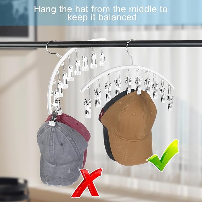 Cuipingoo Hat Hangers for Closet, Metal 2 Pack Hat Organizer Holder for Hanger Closet Display, Hat Racks for Baseball Caps w/10 Clips, Hat Holder for Ball Caps & Accessories, for Men Women, White
