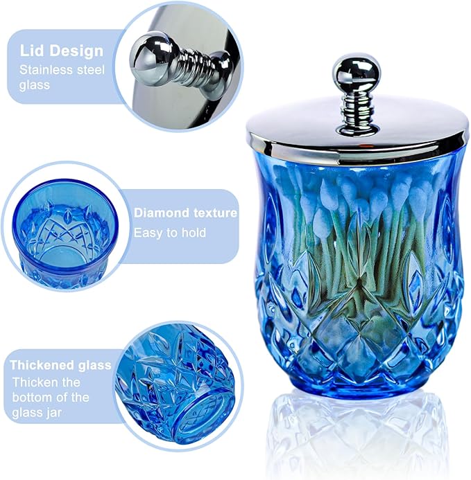 10Oz Blue Glass Q-Tip Holder, Thick Glass & Silver Lid | Round Design, for Q-Tips, Cotton Pads, Jewelry, Candy, Square