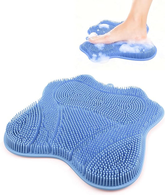 Silicone Foot Scrubber Mat for Shower Bath Foot and Back, Shower Feet Brush Pad with Wall-Mounted Suction Cups (Blue)