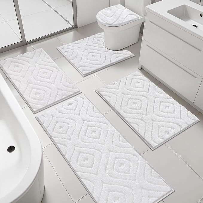 Ileading Bathroom Rugs Sets 5 Piece, Non Slip Washable Bath Mat Set | Absorbent Plush Microfiber Bathroom Mat Set with Toilet Cover, Bath Runner and U-Shaped Contour Rug for Tub, Shower, White